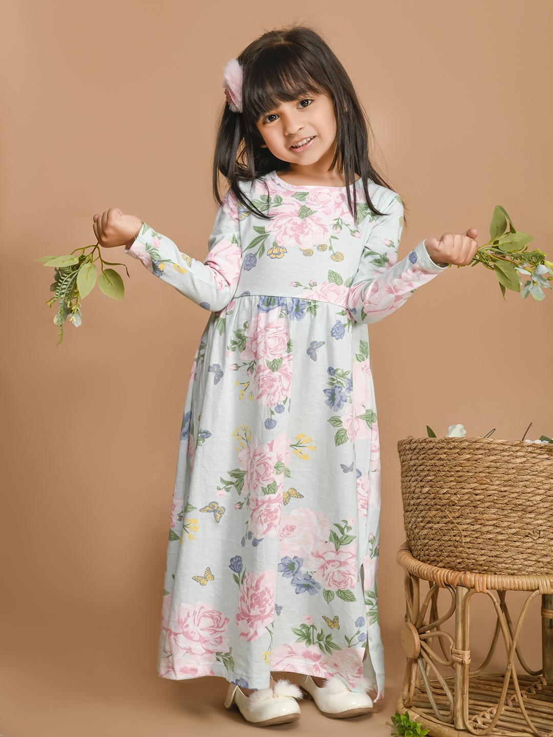 

LilPicks Kids Girls Floral Printed Midi Cotton A-Line Dress, Sea green