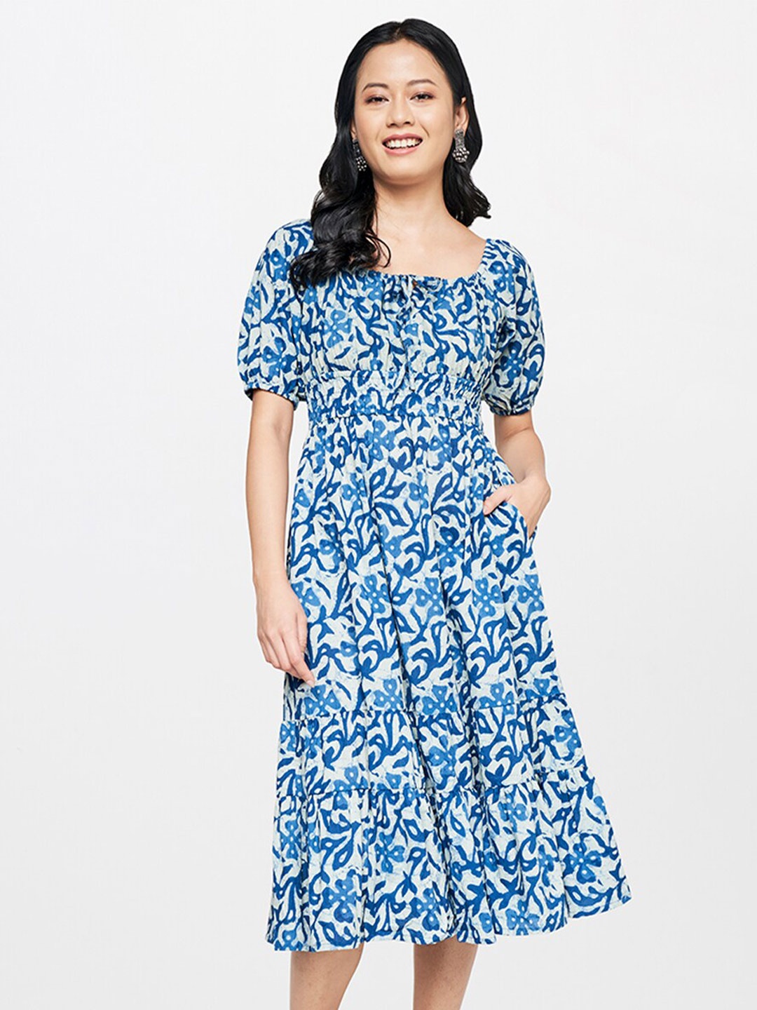 

Global Desi Floral Printed Tie-Up Neck Smocked Pure Cotton Fit & Flare Dress, Blue