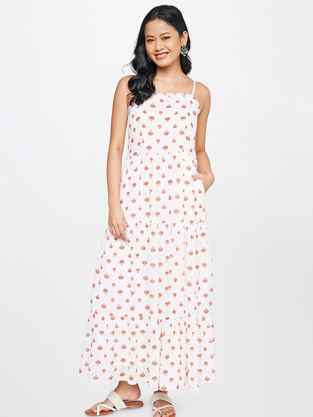 

Global Desi Sleeveless Floral Printed Maxi A-Line Dress, Off white