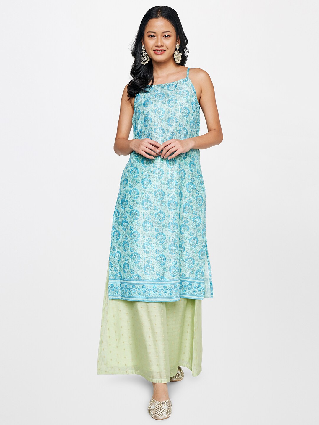 

Global Desi Women Floral Printed Kurta With Skirt, Blue