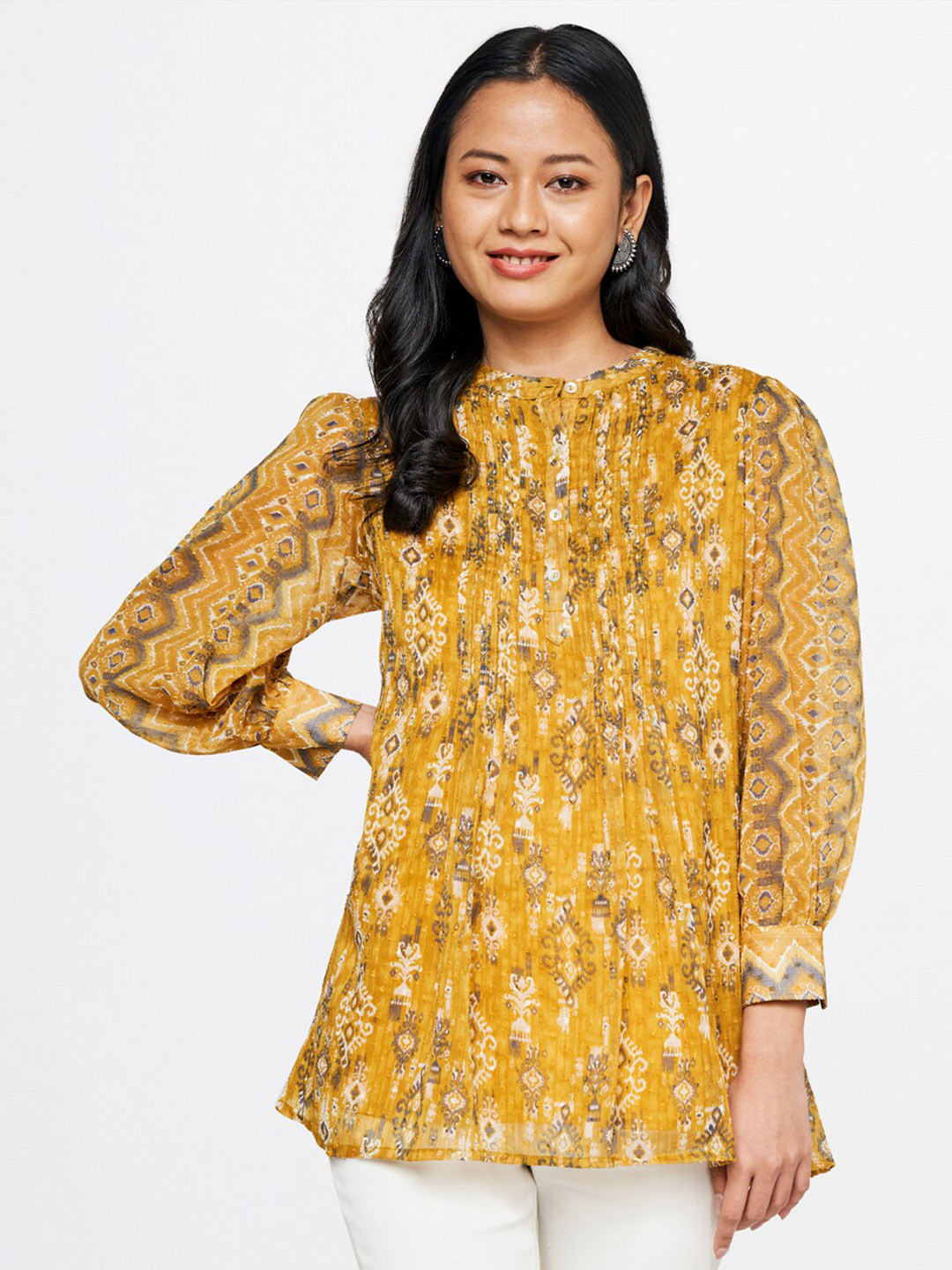 

Global Desi Floral Print Puff Sleeved Longline Top, Mustard