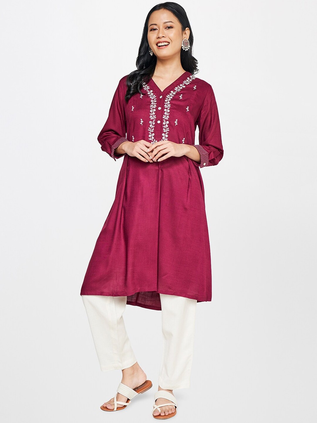 

Global Desi Women Floral Embroidered Thread Work A-Line Kurta, Red