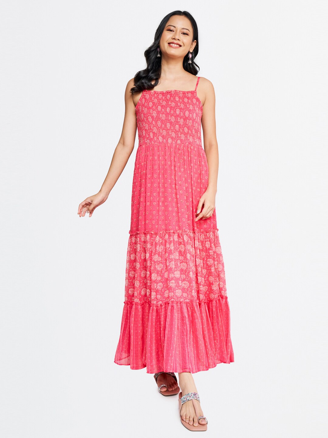 

Global Desi Shoulder Straps Floral Printed Maxi Dress, Pink