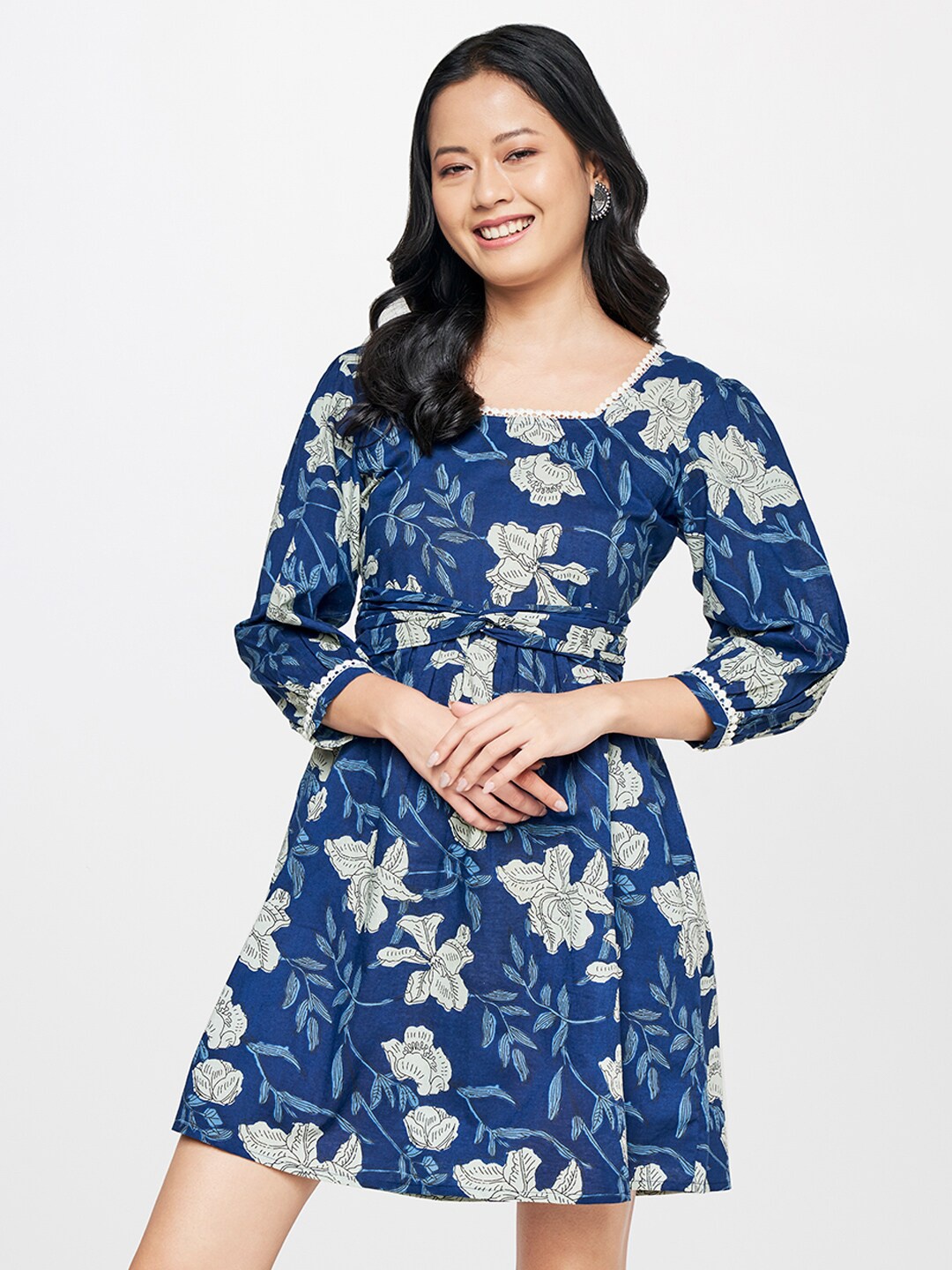 

Global Desi Floral Cotton Dress, Blue