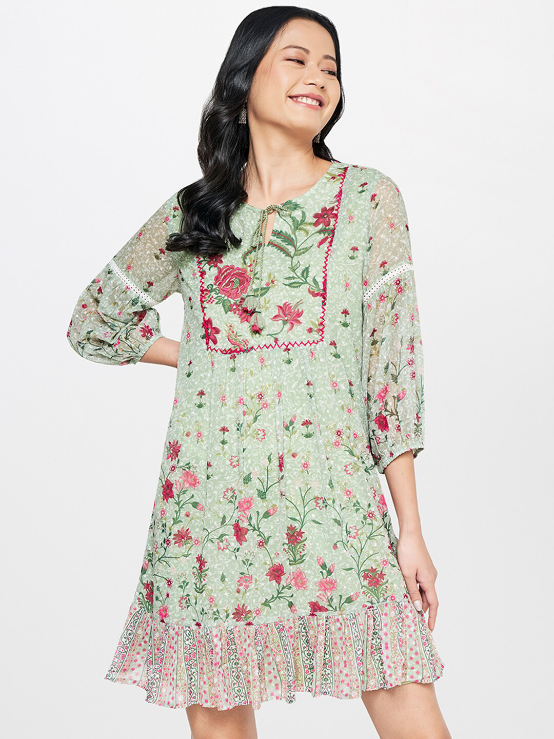 

Global Desi Floral Tie-Up Neck Dress, Green