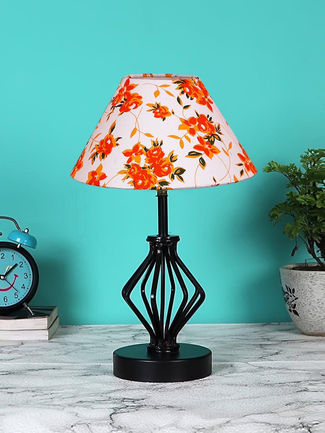

Devansh White & Orange Floral Printed Table Lamp With Iron Base
