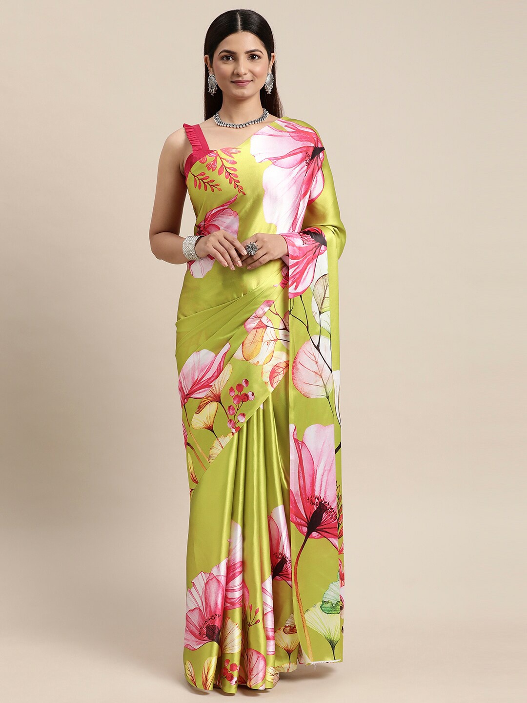 

AVANSHEE Floral Printed Satin Saree, Green