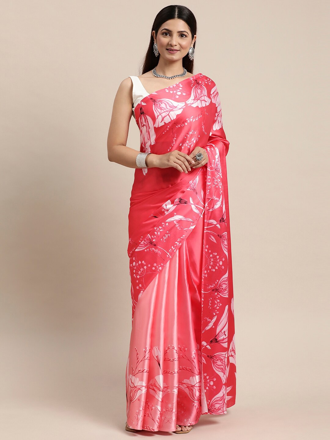 

AVANSHEE Floral Printed Satin Saree, Pink