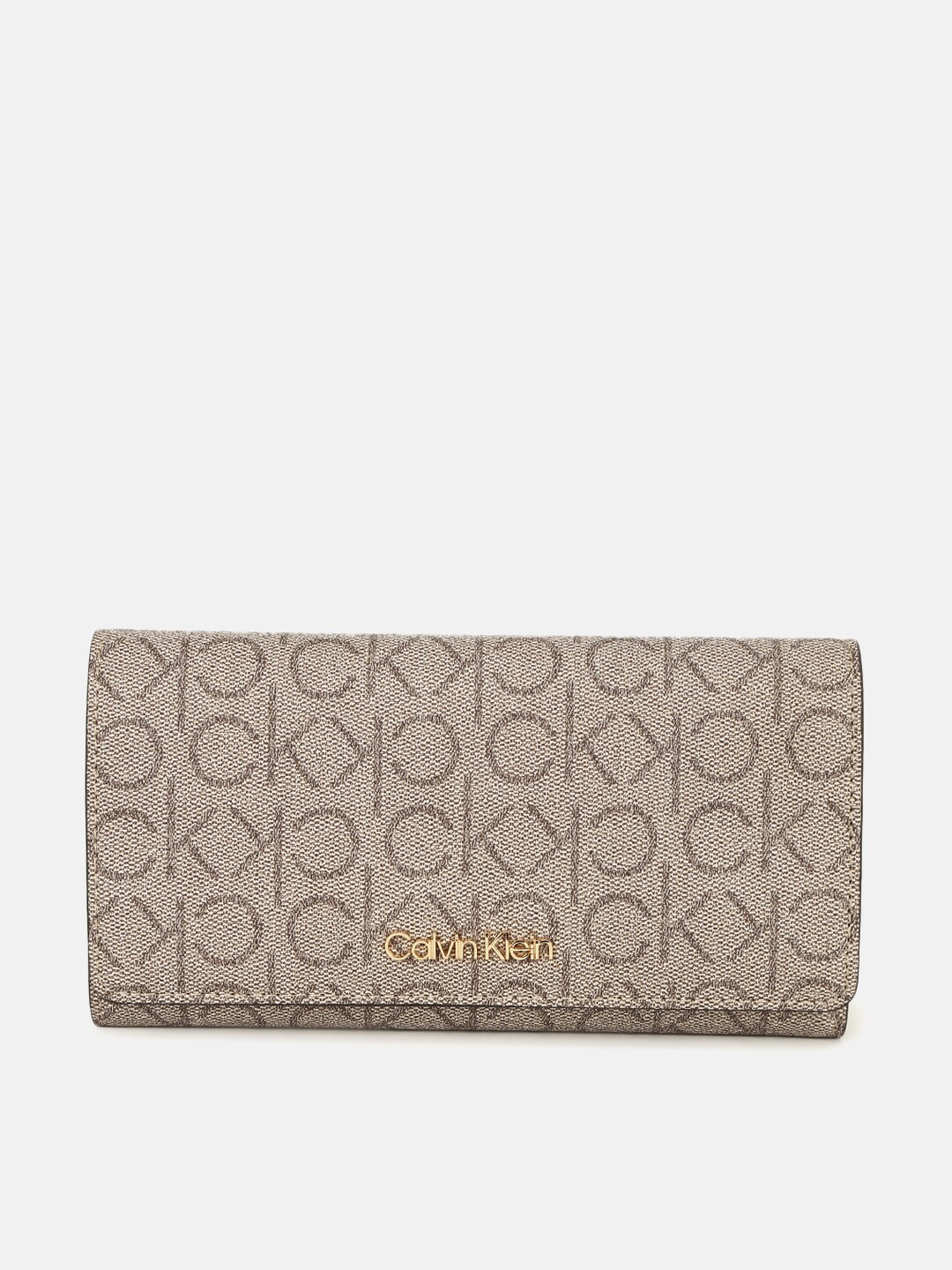 

Calvin Klein Jeans Women Brand Logo Printed Three Fold Wallet, Beige