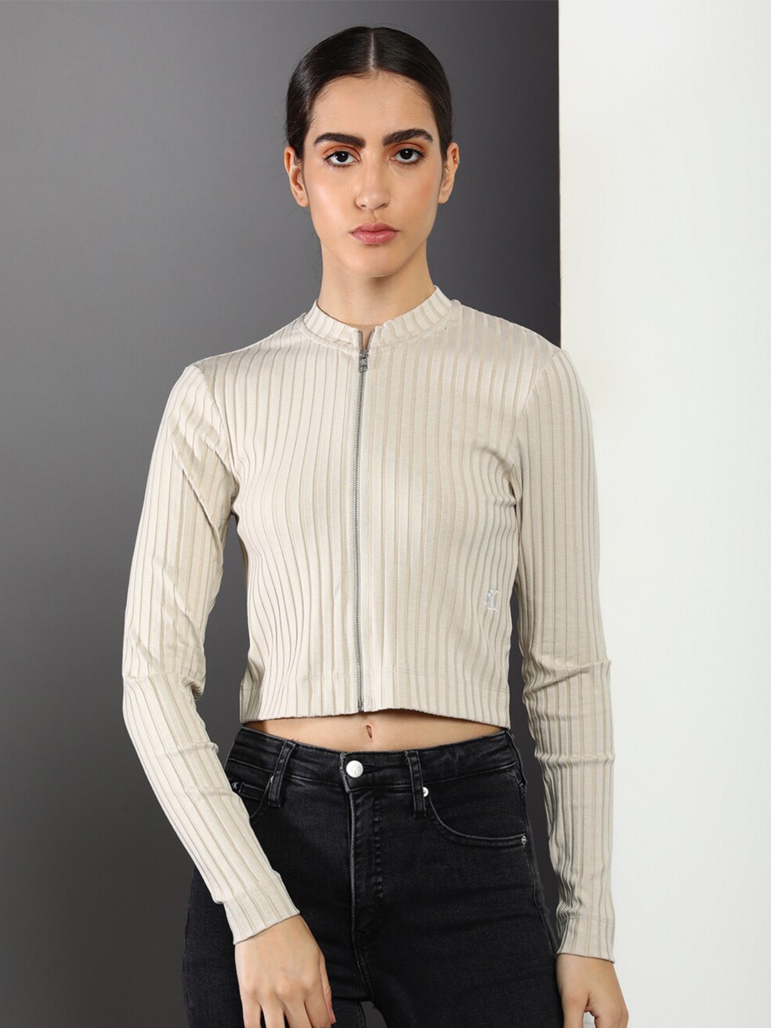 

Calvin Klein Jeans Striped Mandarin Collar Shirt Style Crop Top, Beige
