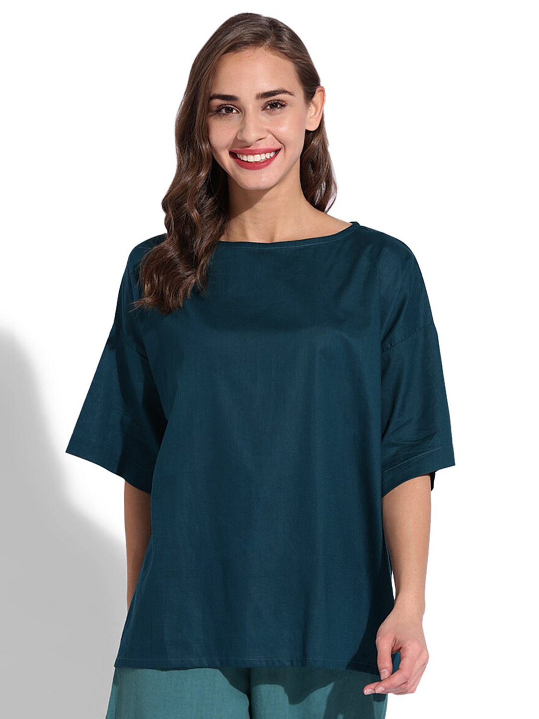 

GRASS by Gitika Goyal Boat Neck Cotton Top, Teal