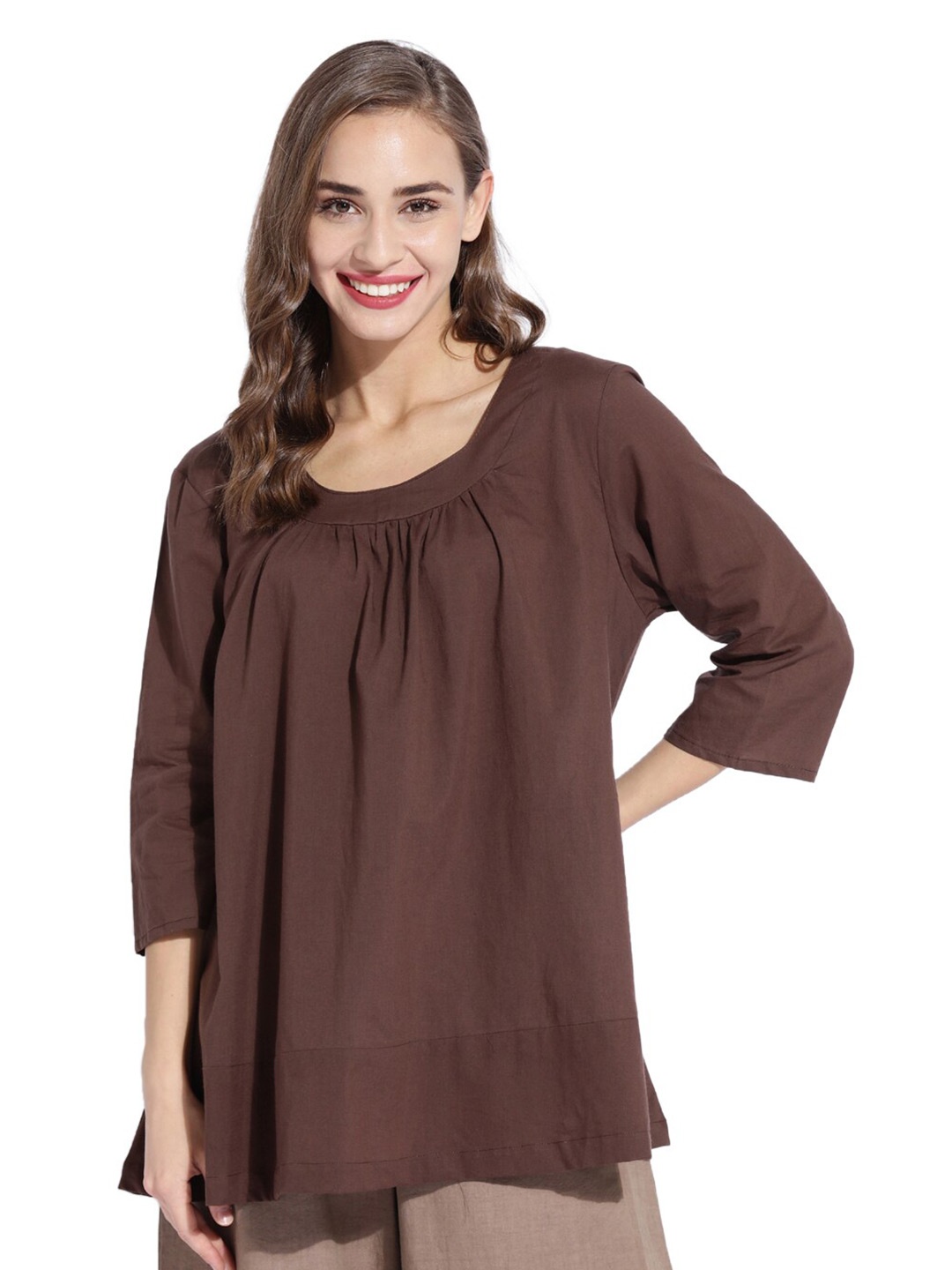 

GRASS by Gitika Goyal Round Neck A-Line Cotton Top, Brown