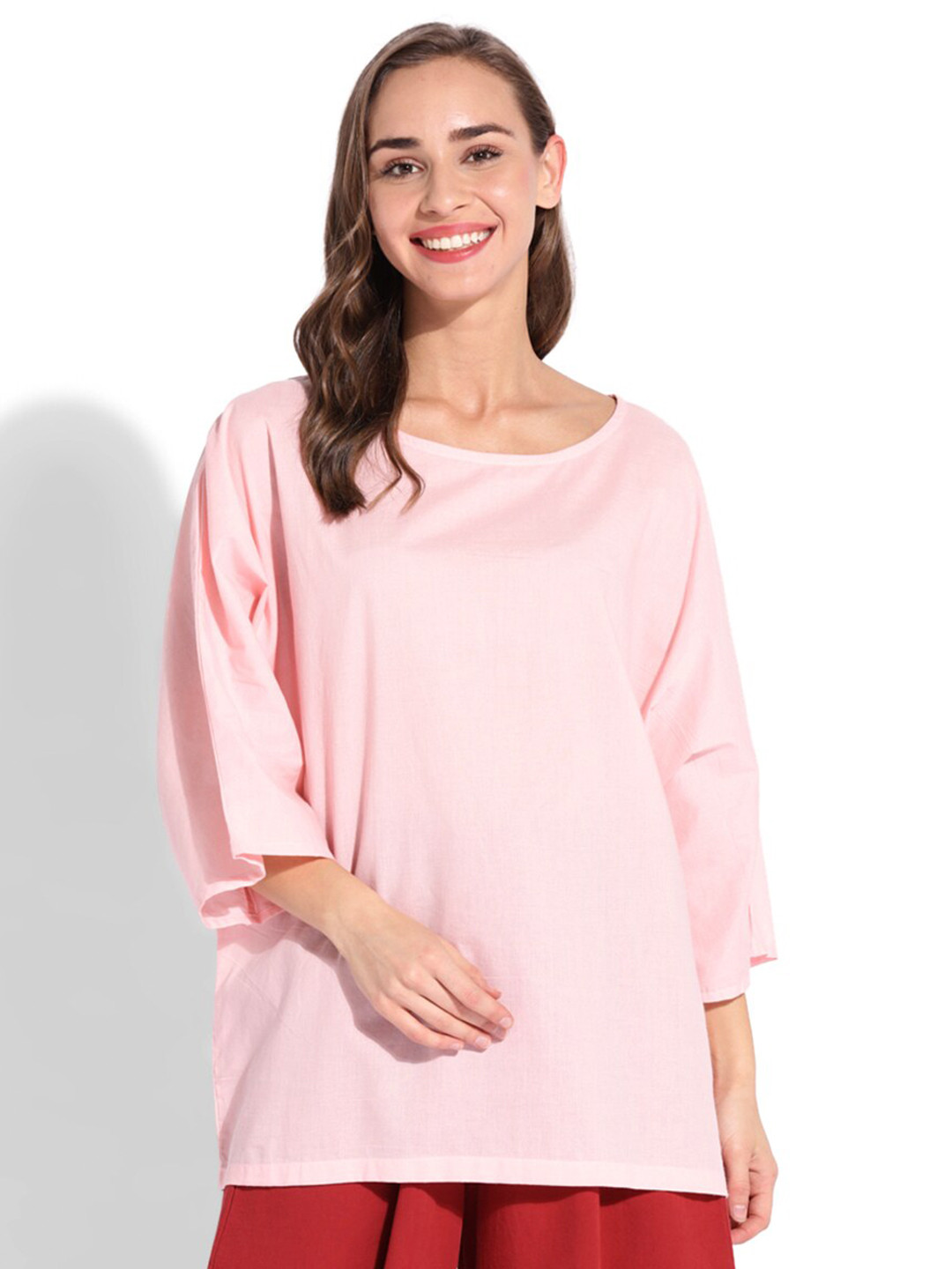

GRASS by Gitika Goyal Boat Neck Extended Sleeves Cotton Top, Pink