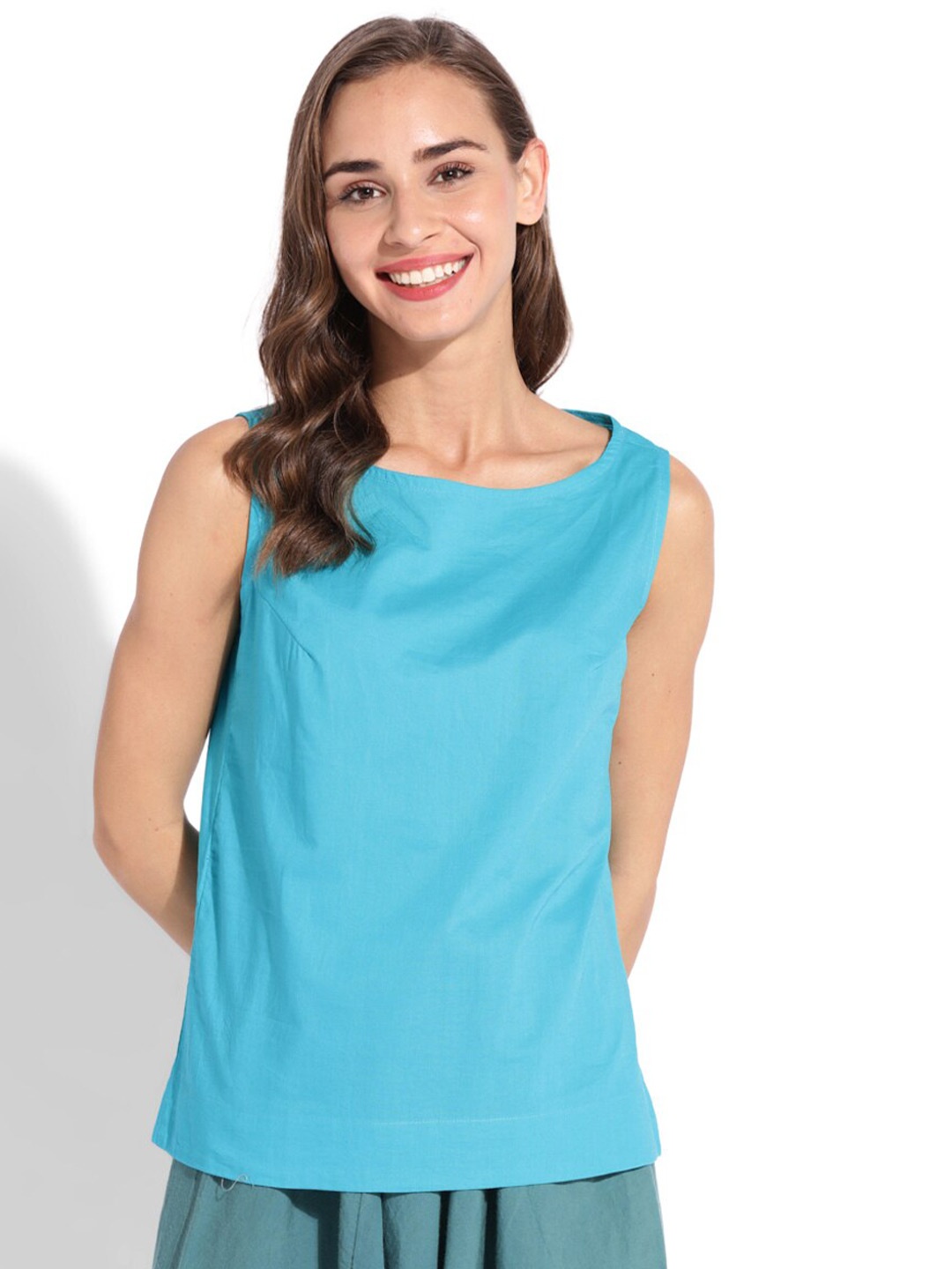 

GRASS by Gitika Goyal Boat Neck Sleeveless Cotton Top, Blue