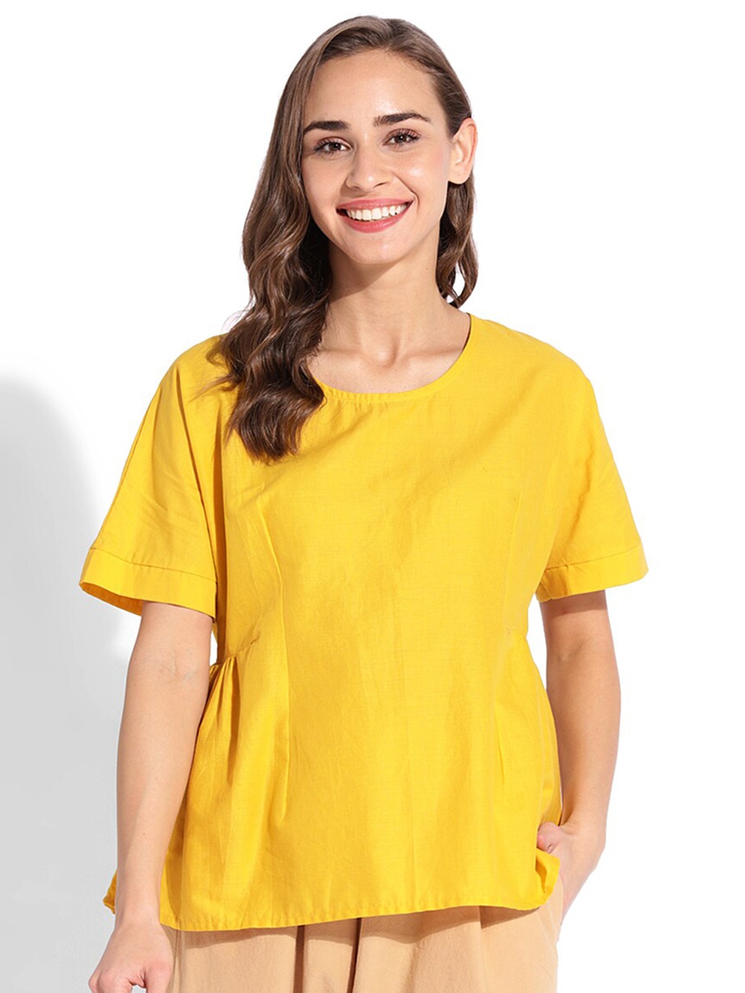 

GRASS by Gitika Goyal Cinched Waist Extended Sleeve Cotton Top, Yellow