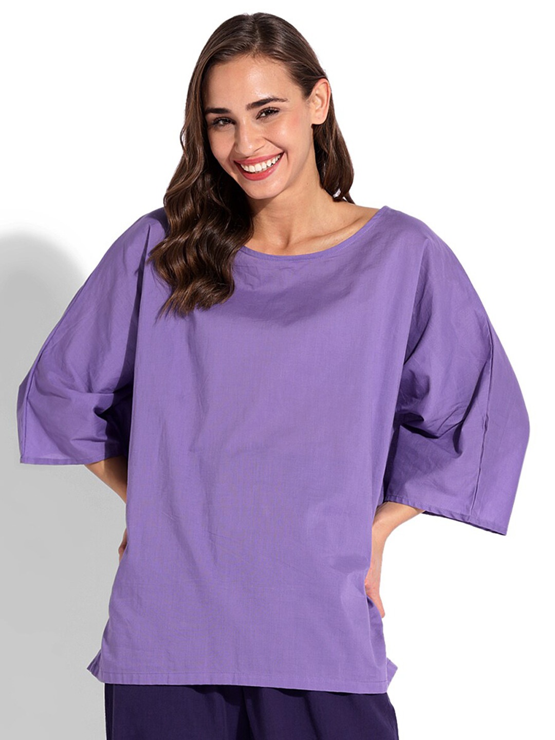 

GRASS by Gitika Goyal Loose Fitted Extended Sleeve Cotton Top, Violet