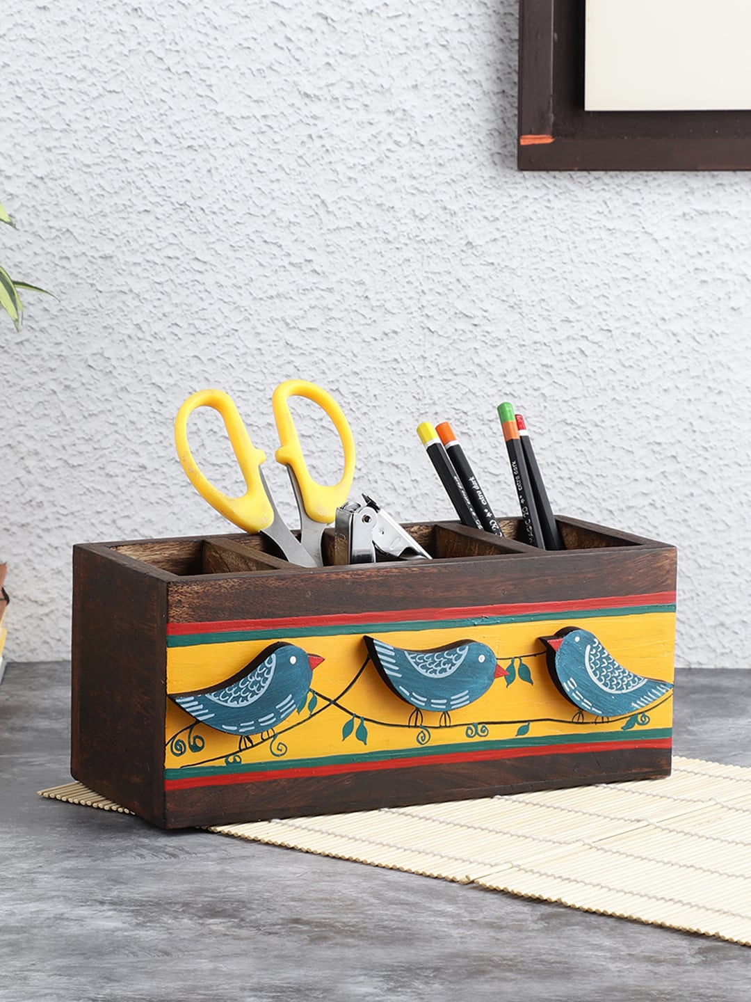 

VarEesha Neel Brown & Yellow Blue Bird Mango Wood Organiser