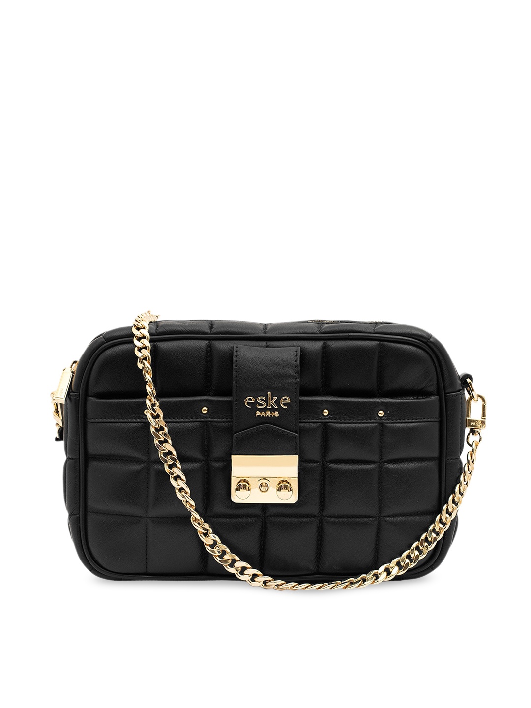 

Eske Leather Structured Shoulder Bag with Quilted, Black