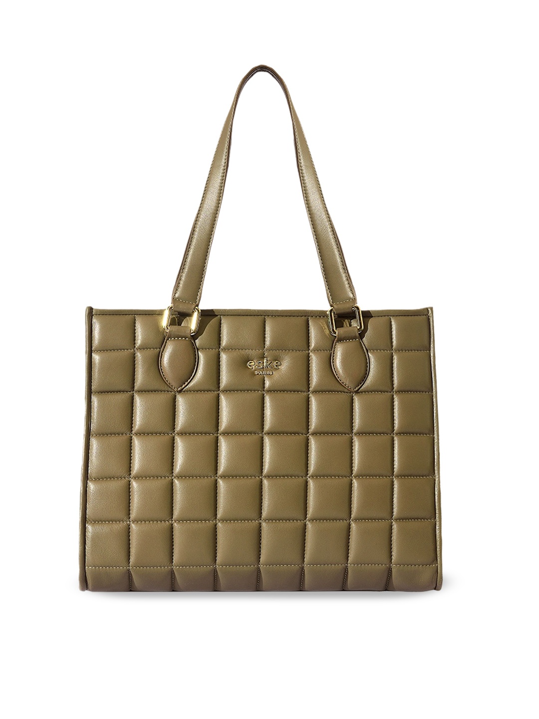 

Eske Checked Leather Shopper Tote Bag with Quilted, Taupe