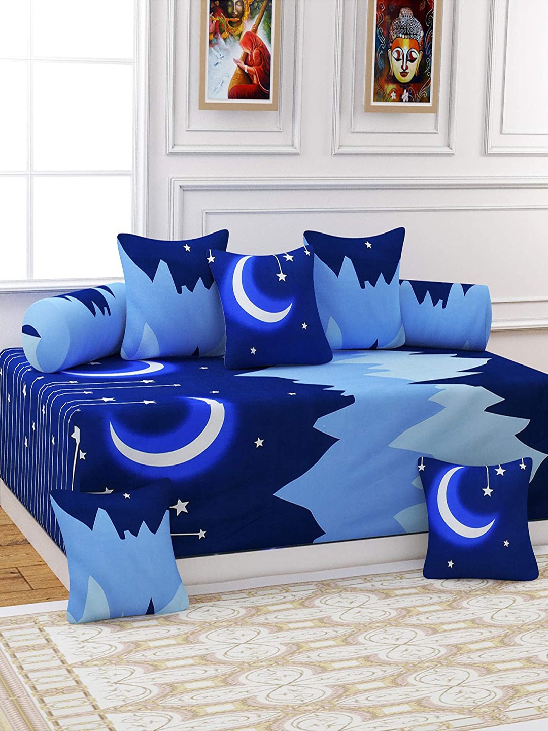 

Bajo's 8-Pieces Blue Self Design Printed Diwan Set