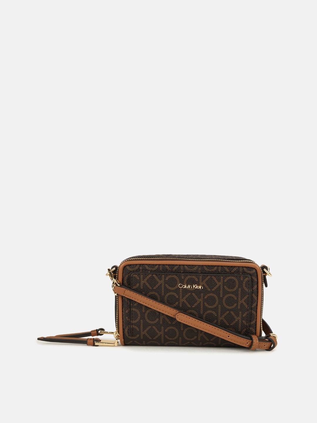 

Calvin Klein Jeans Printed PU Structured Sling Bag with Tasselled, Brown