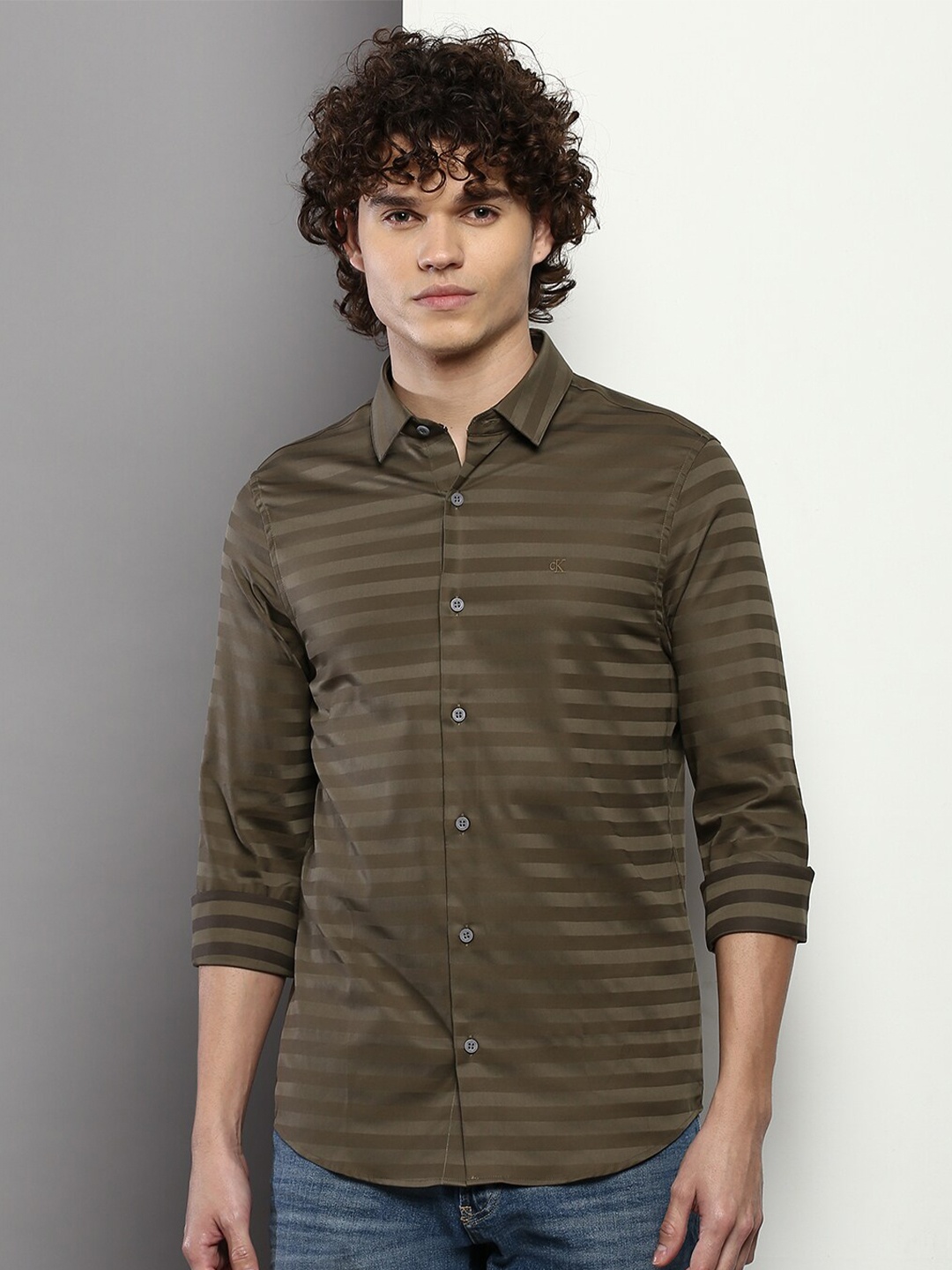 

Calvin Klein Jeans Men Slim Fit Horizontal Striped Casual Shirt, Olive
