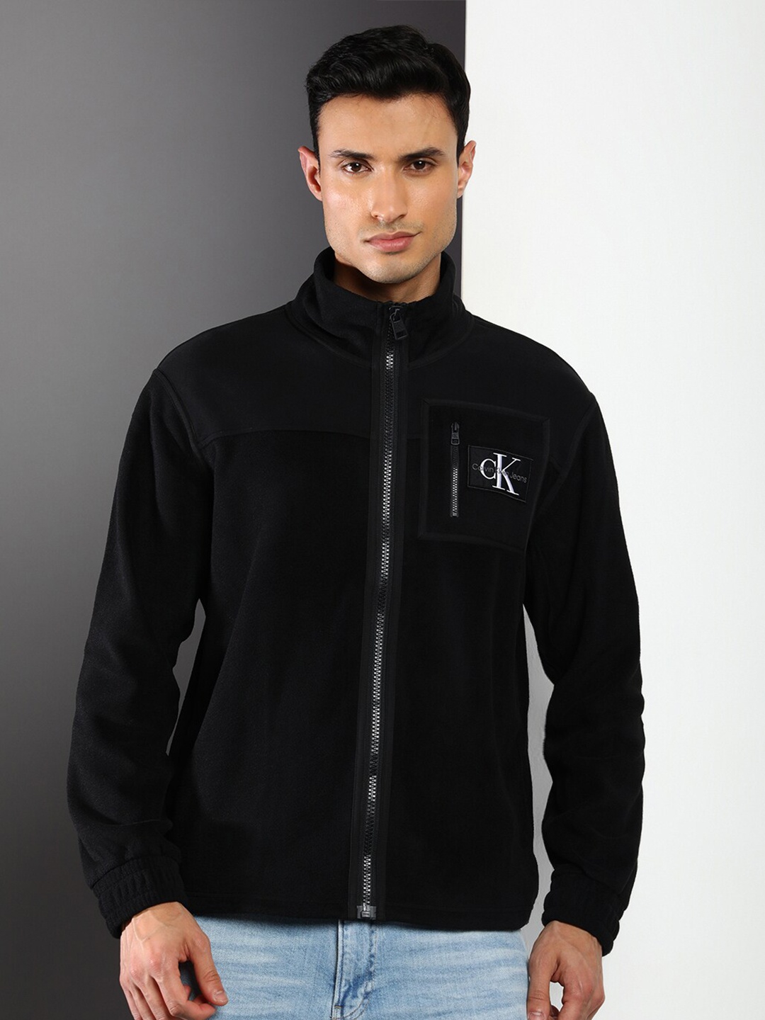

Calvin Klein Jeans Mock Collar Front-Open Sweatshirt, Black