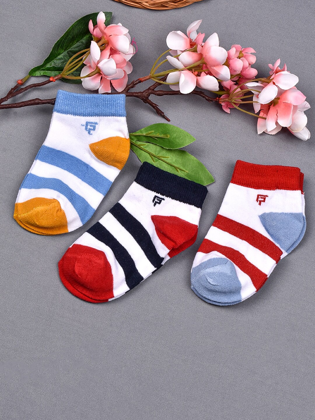 

FOOTPRINT 3 Pairs Infant Kids Patterned Ankle-Length Organic Cotton Socks, Blue
