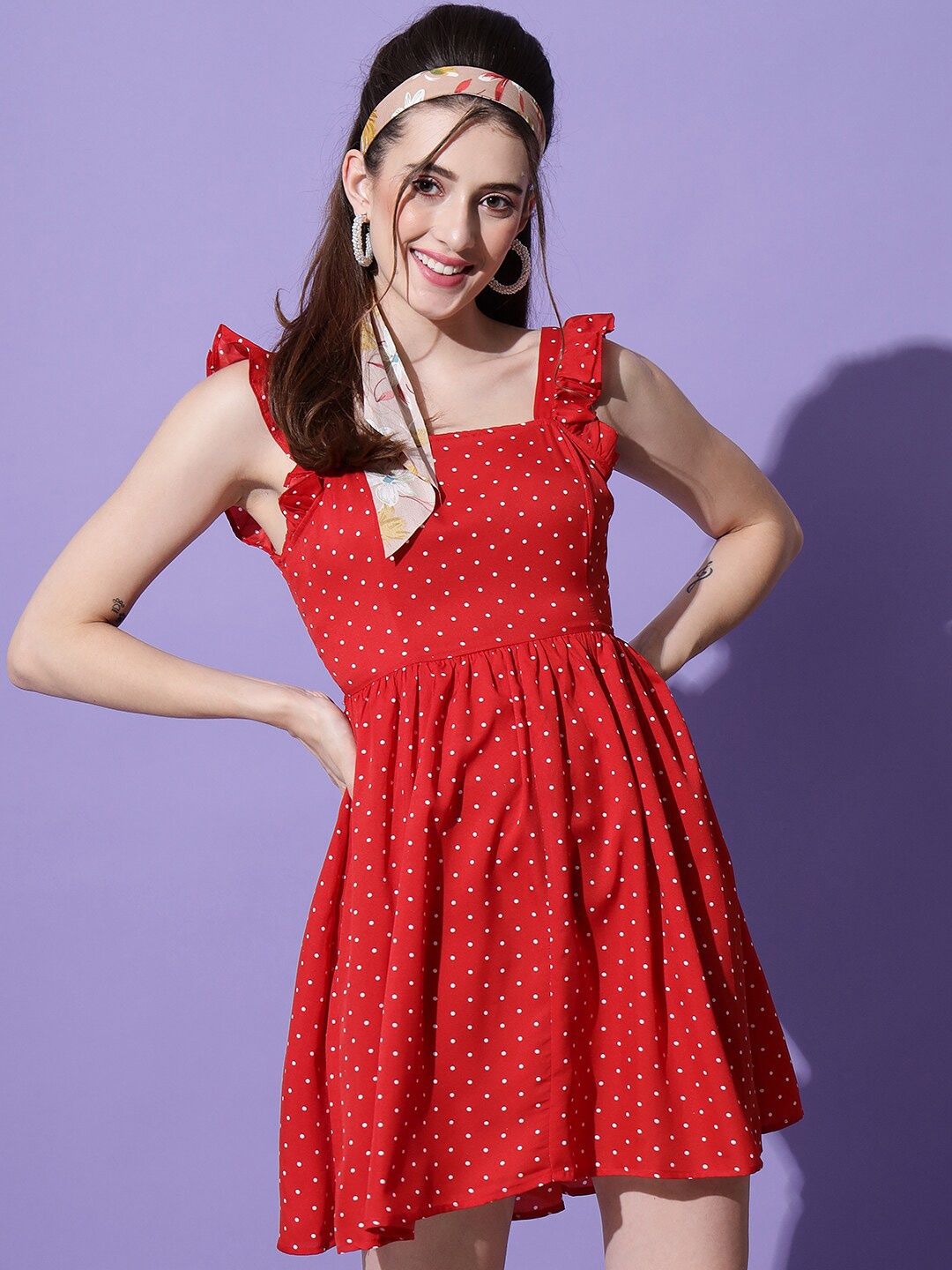 

emeros Polka Dots Printed Flutter Sleeves Mini Fit & Flare Dress, Red