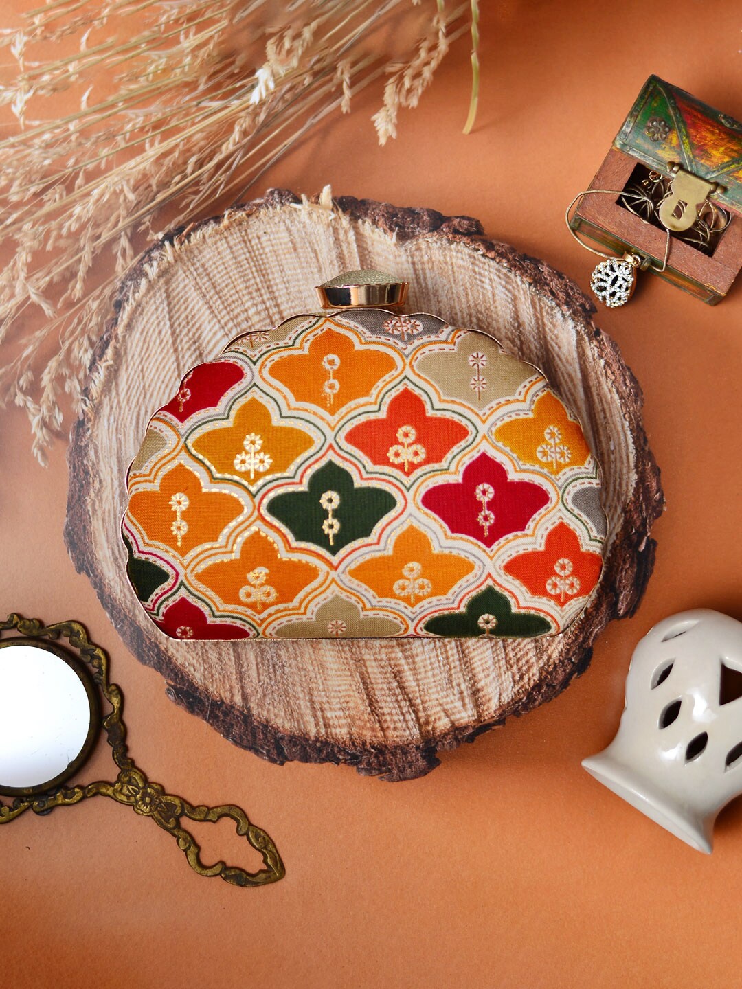 

ARTKLIM Ethnic Motif Printed Box Clutch, Orange