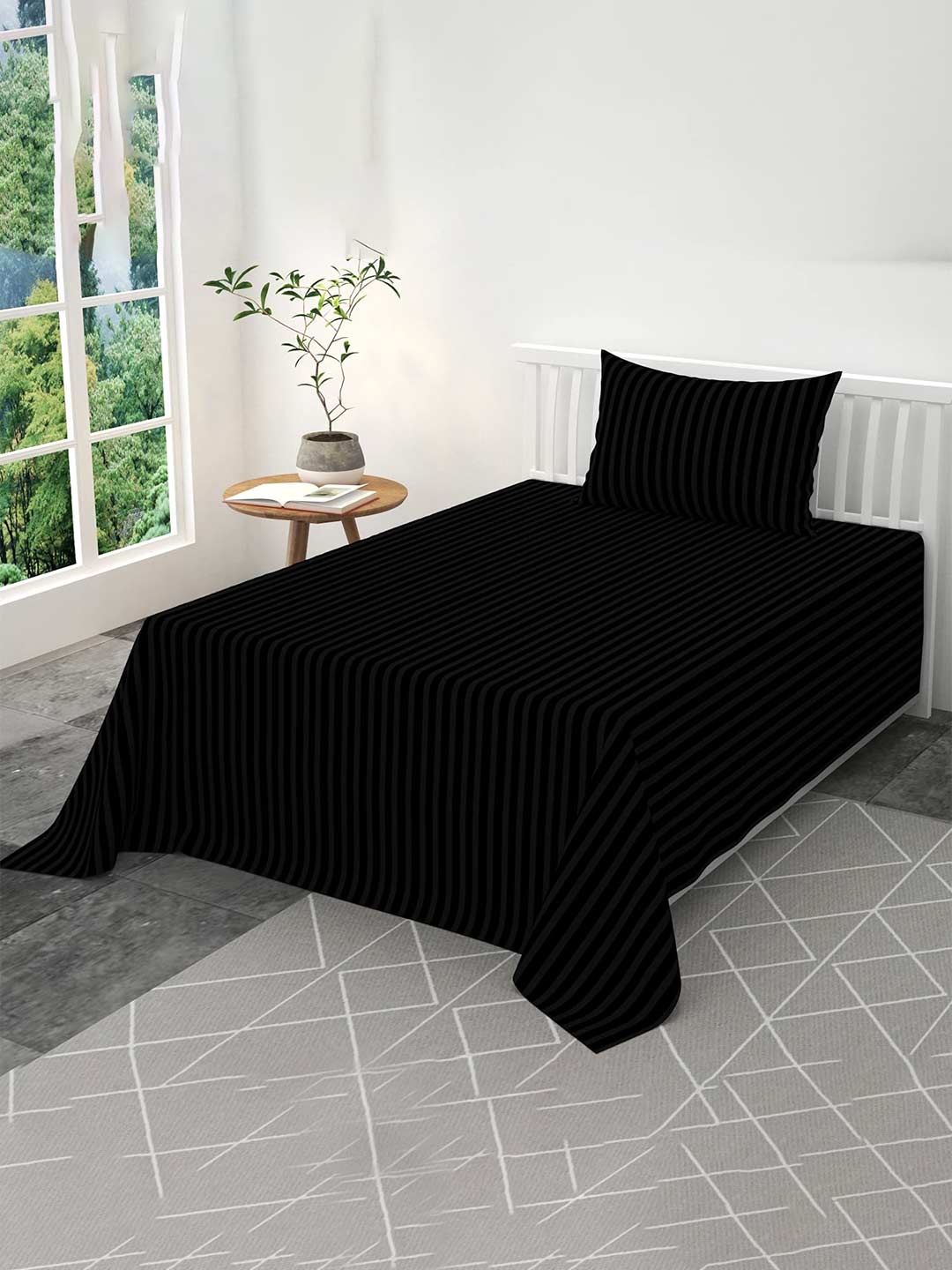 

Bajo's Black Striped 220 TC Single Bedsheet with 1 Pillow Cover