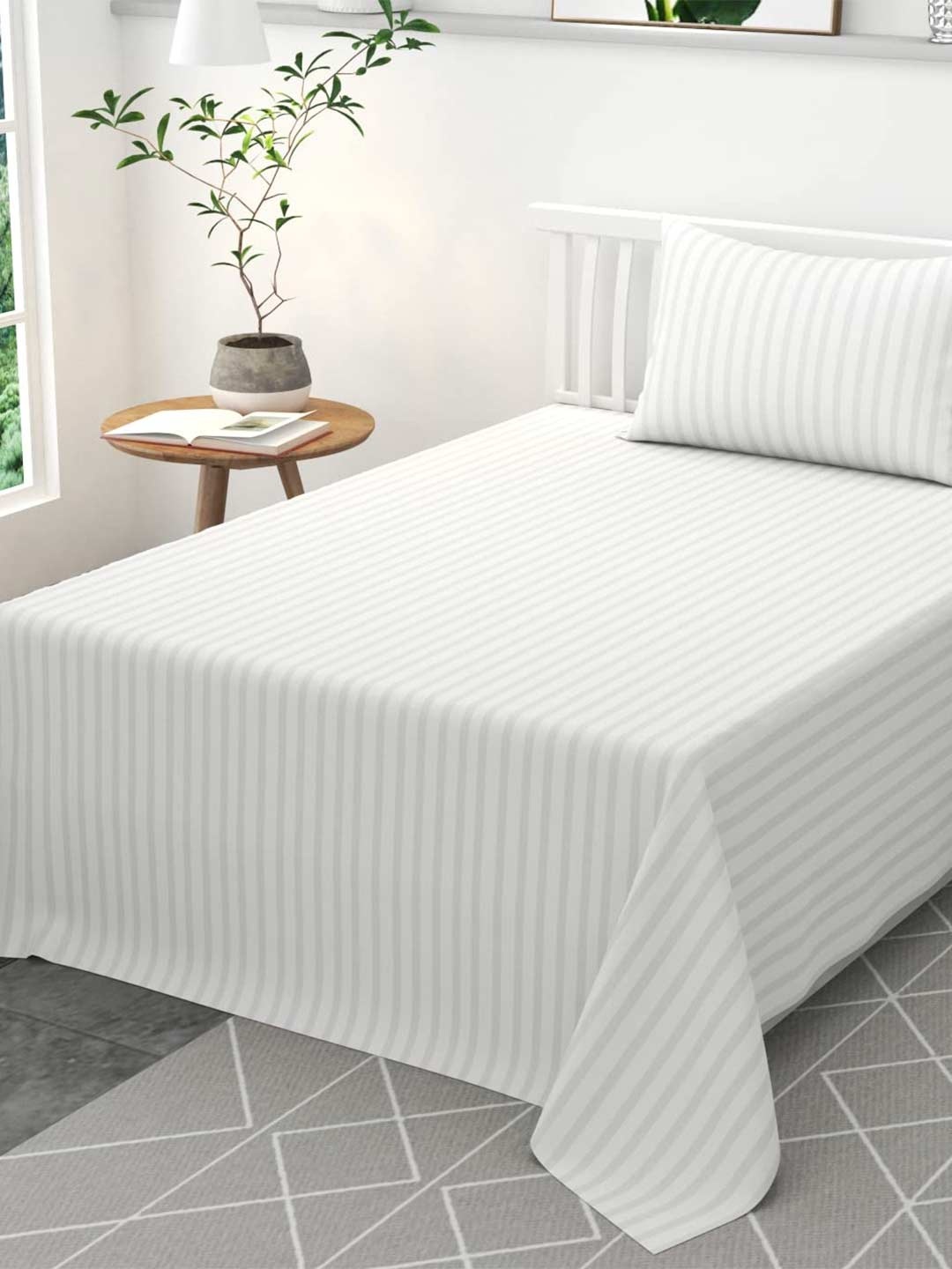 

Bajo's Off White Striped 220 TC Cotton Single Bedsheet With 1 Pillow Covers
