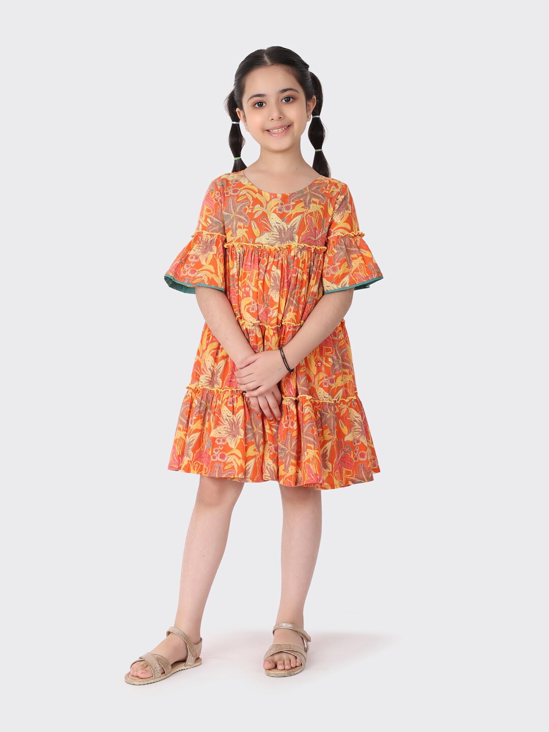 

Fabindia Girls Floral printed Cotton A-Line Midi Dress, Orange
