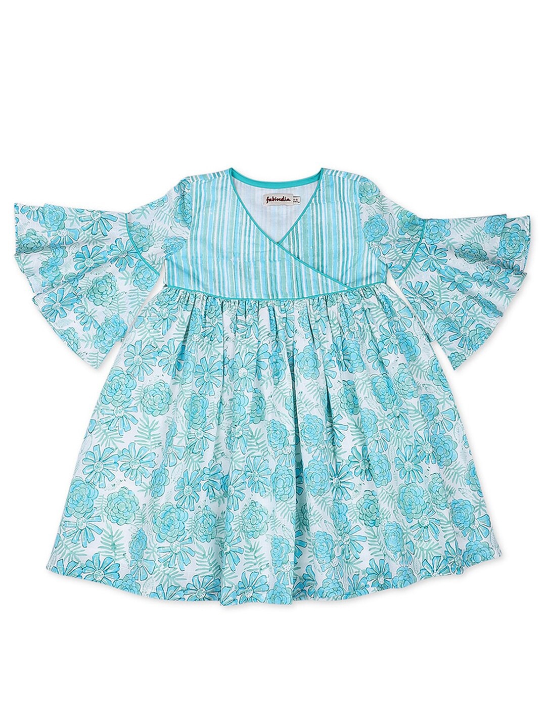 

Fabindia Girls Floral Printed A-Line Cotton Dress, Blue