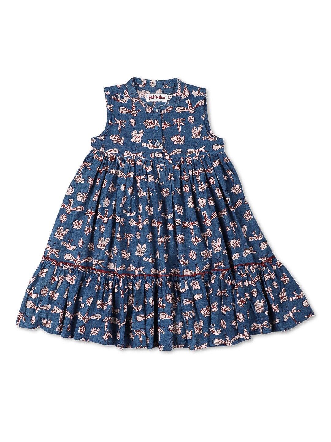 

Fabindia Girls Mandarin Collar Printed Cotton Fit & Flare Dress, Navy blue