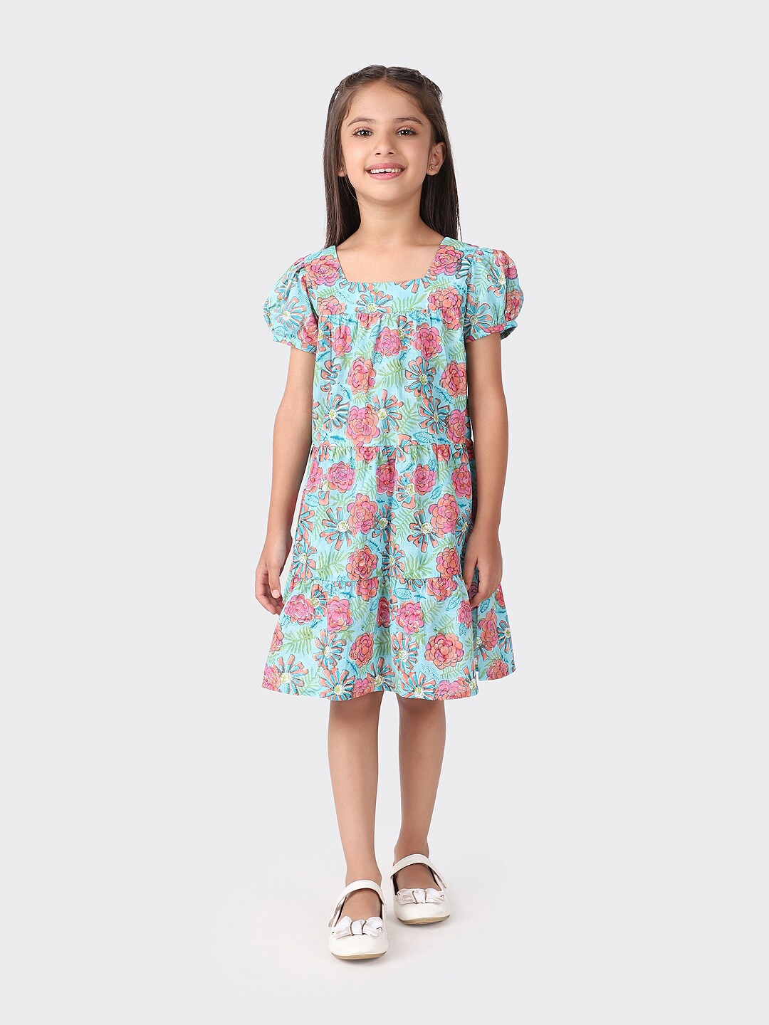 

Fabindia Girls Floral A-Line Cotton Dress, Teal