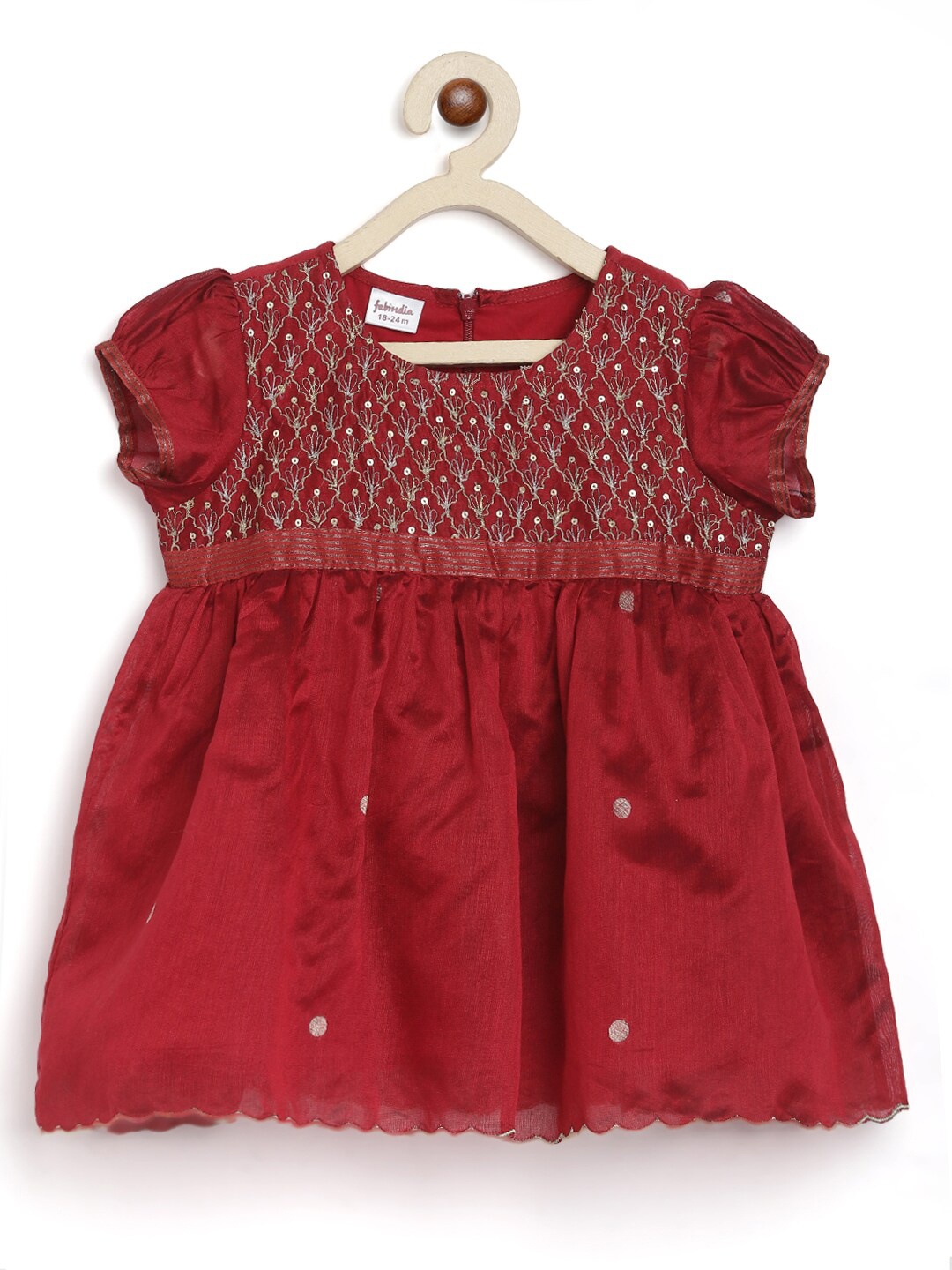 

Fabindia Girls Embroidered Fit & Flare Silk Dress, Maroon