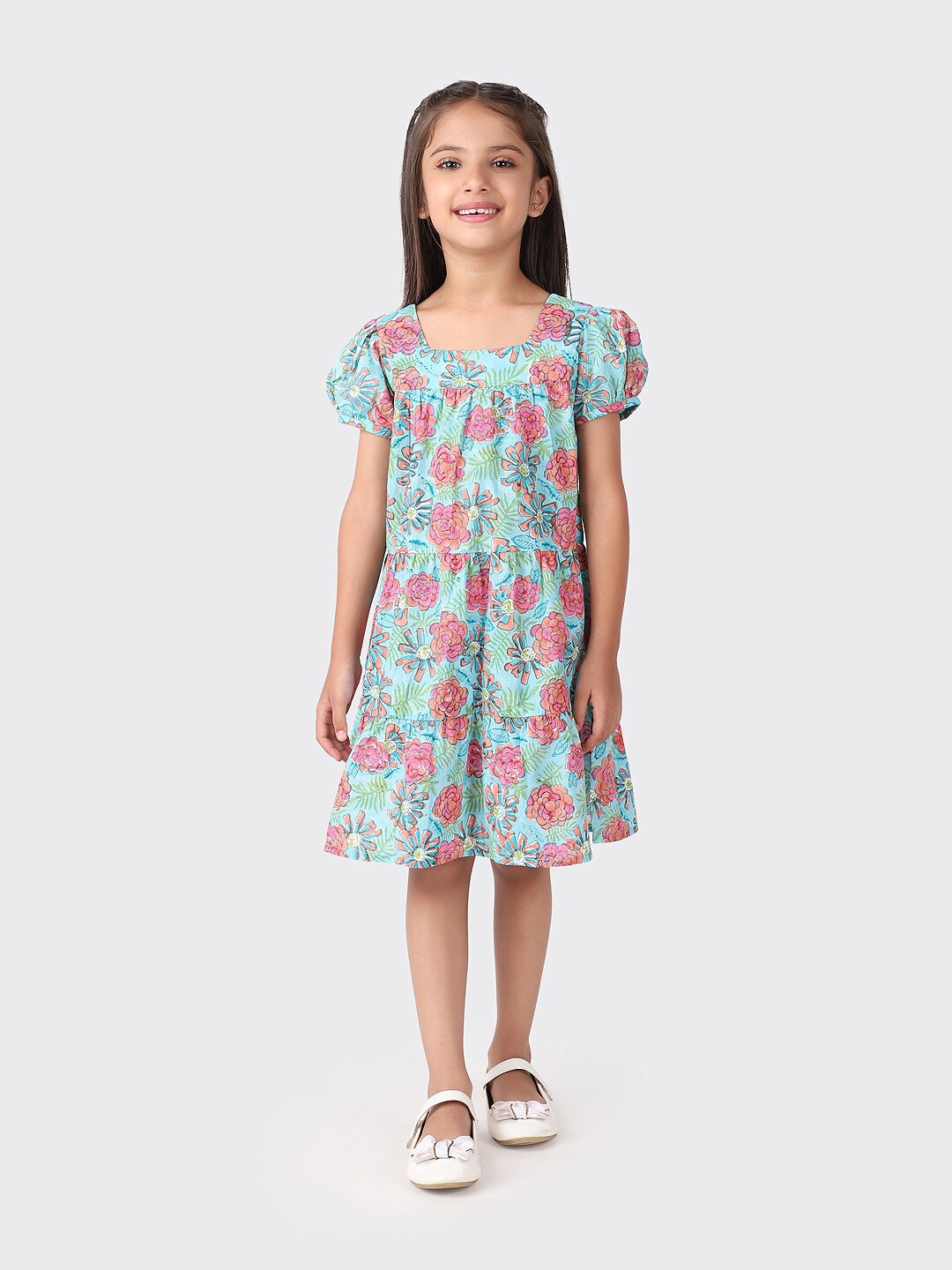 

Fabindia Teal Floral A-Line Dress