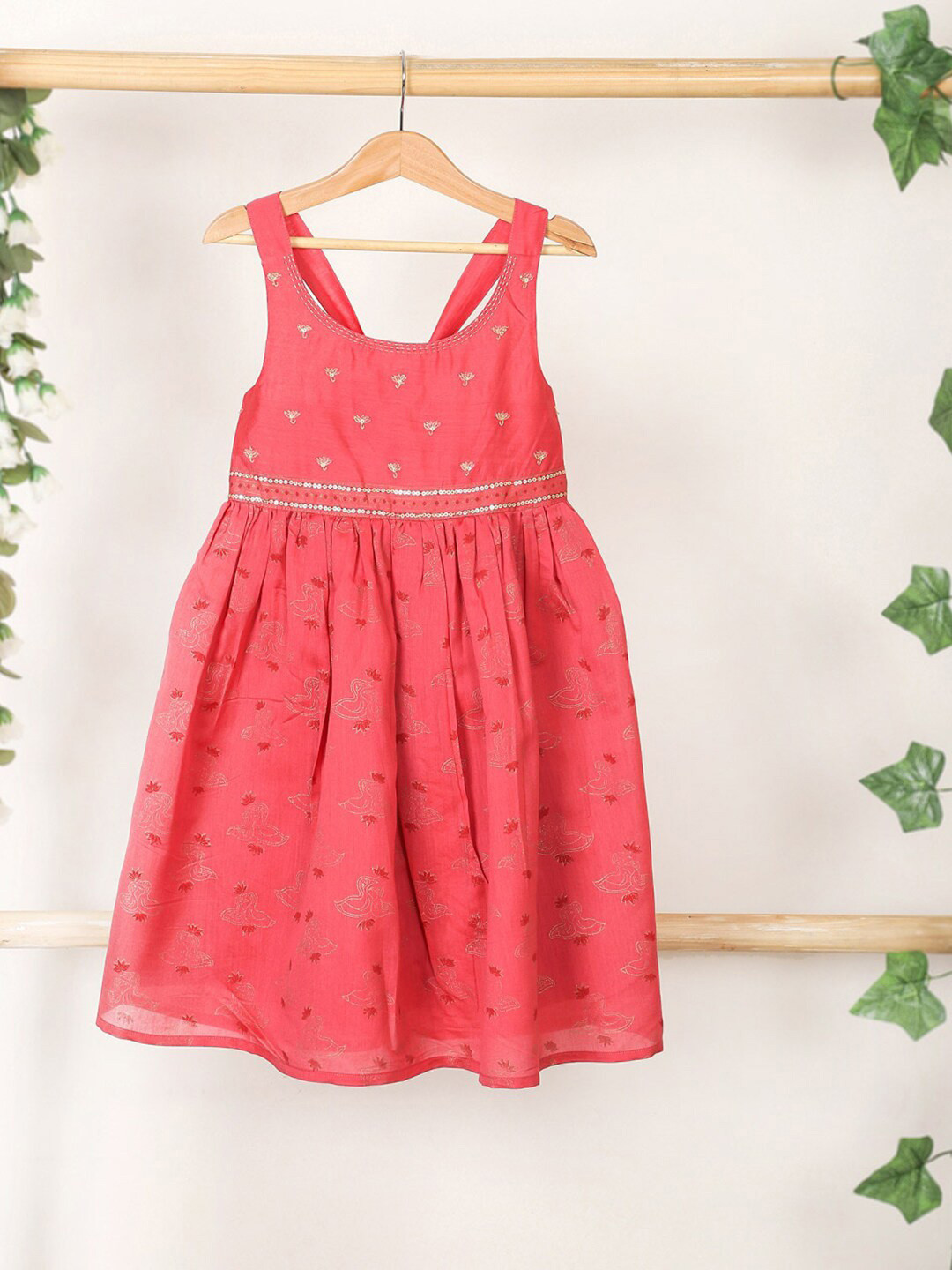 

Fabindia Girls Floral A-Line Silk Dress, Pink