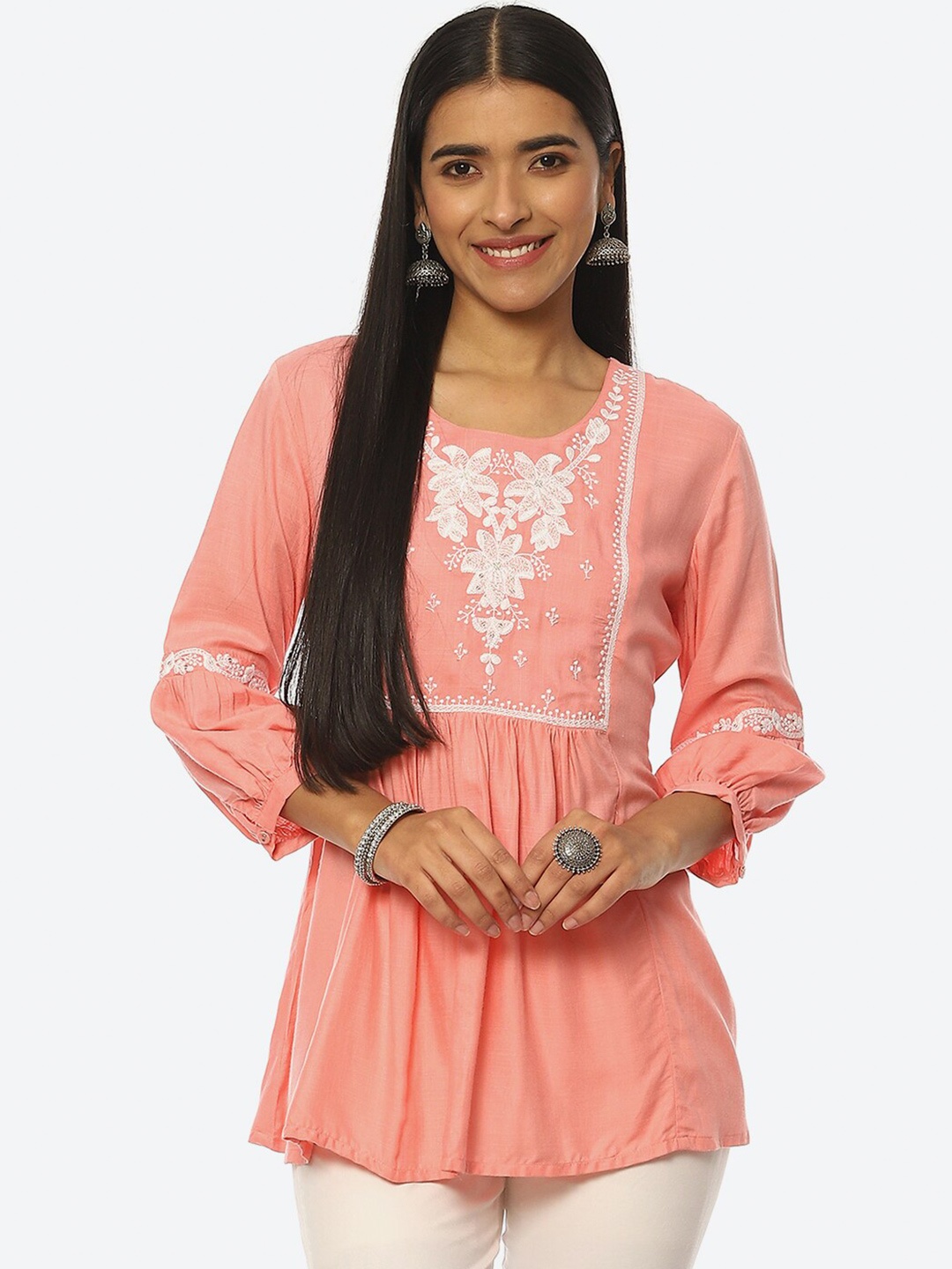 

Rangriti Floral Embroidered A-Line Top, Pink