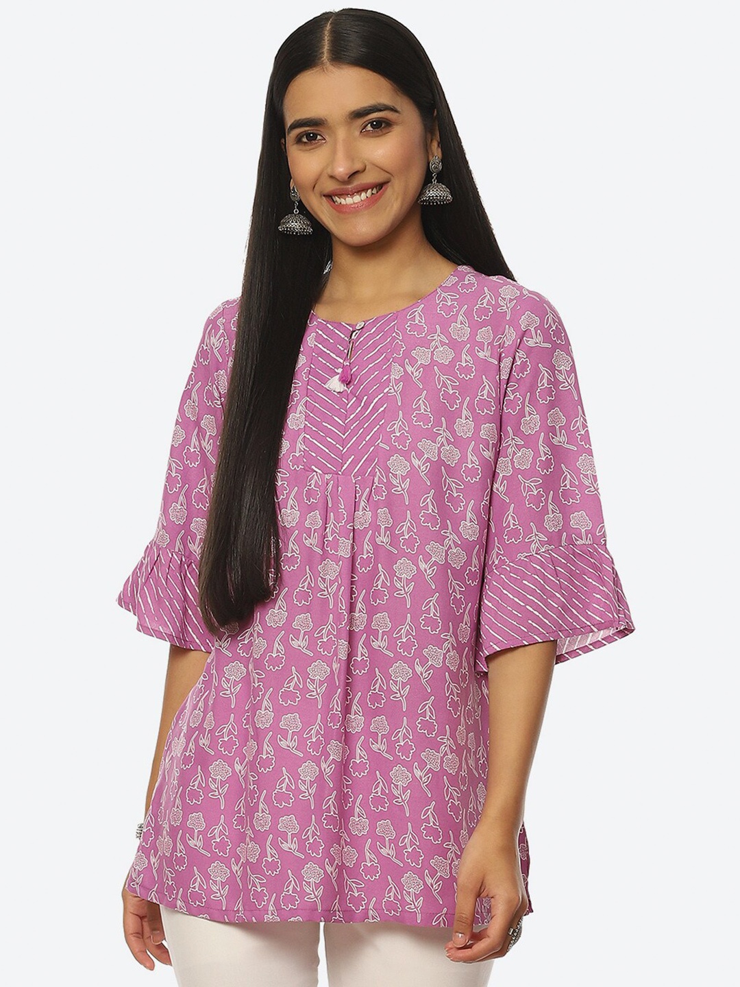 

Rangriti Floral Print Keyhole Neck Longline Top, Mauve