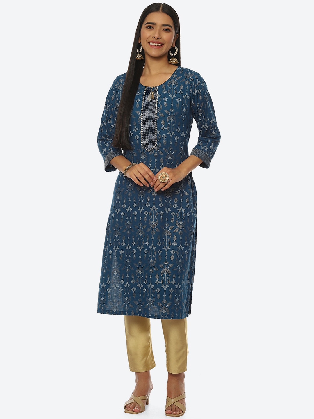 

Rangriti Women Ethnic Motifs Printed Keyhole Neck Kurta, Teal
