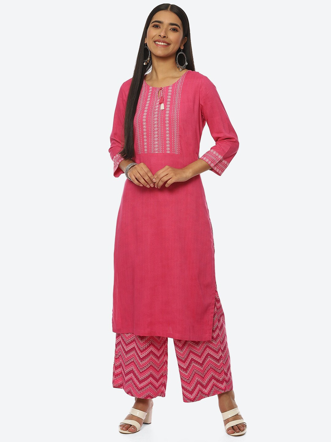 

Rangriti Women Round Neck Yoke Design Kurta With Palazzos, Pink