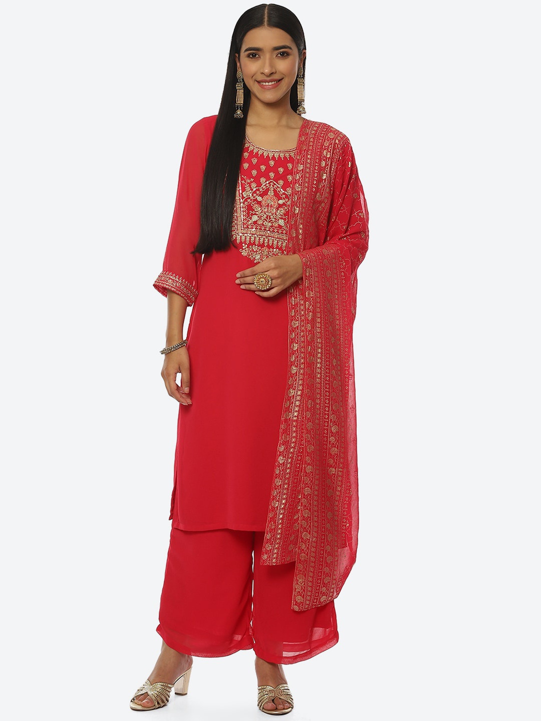 

Rangriti Women Floral Embroidered Kurta with Palazzos & With Dupatta, Red