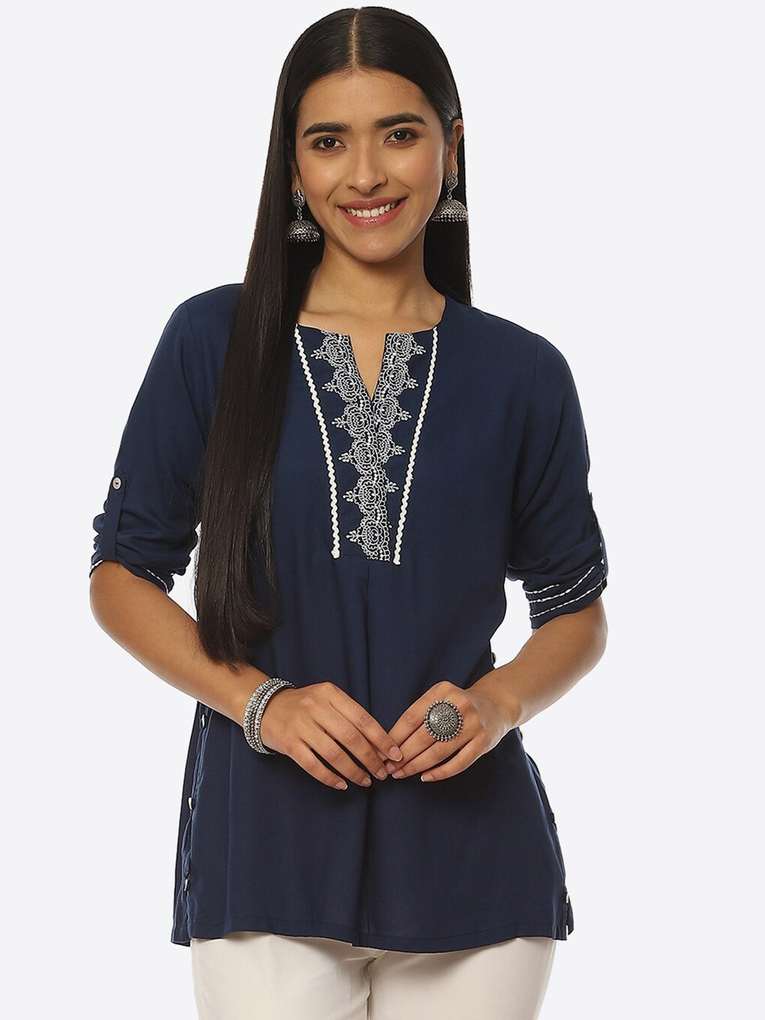 

Rangriti Embroidered Roll-Up Sleeves Top, Blue