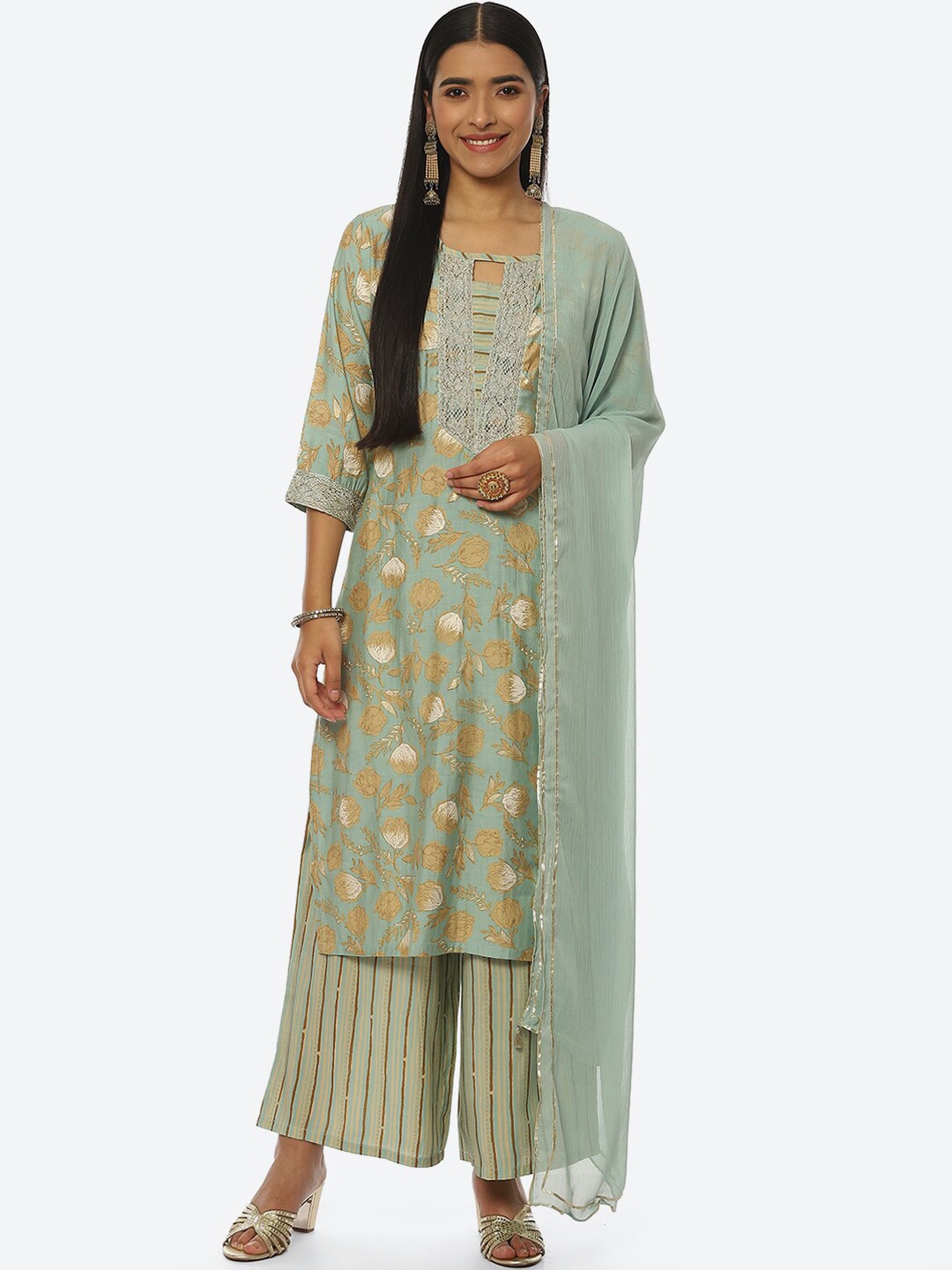 

Rangriti Women Floral Printed Square Neck Kurta with Palazzos & Dupatta, Green