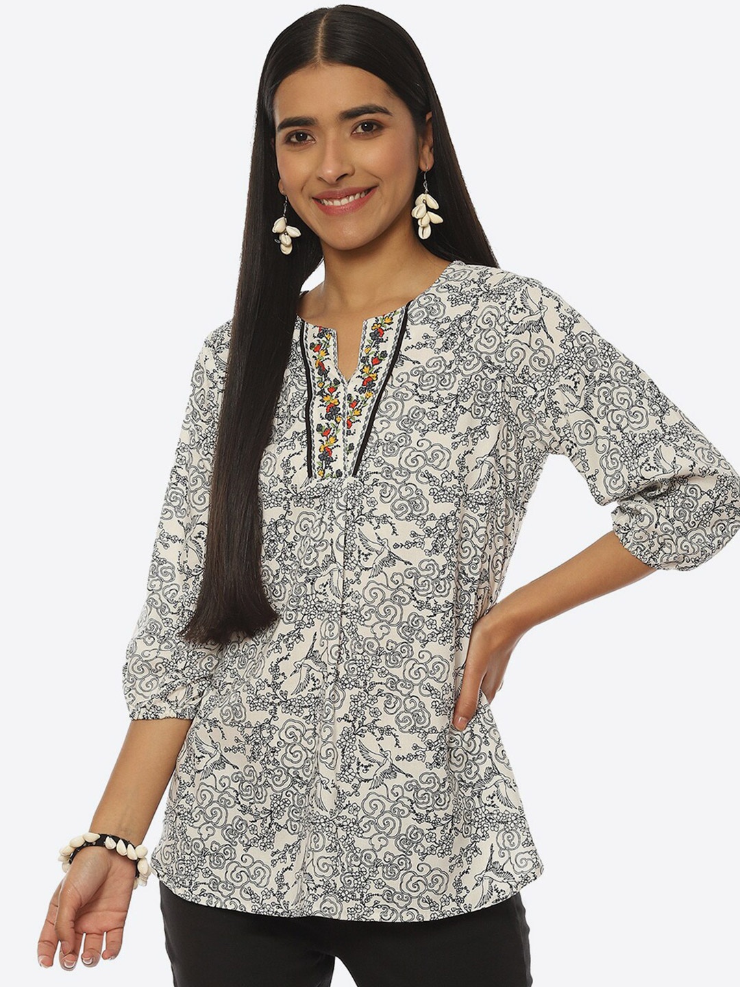 

Rangriti Print Tie-Up Neck Top, White
