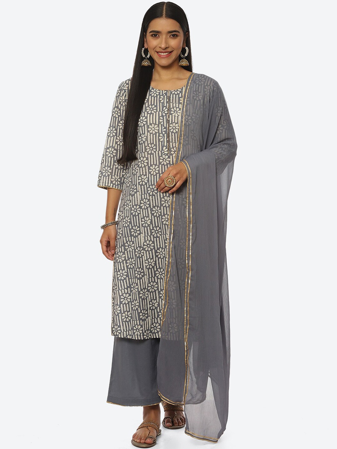 

Rangriti Floral Printed Kurta with Palazzos & With Dupatta, Grey