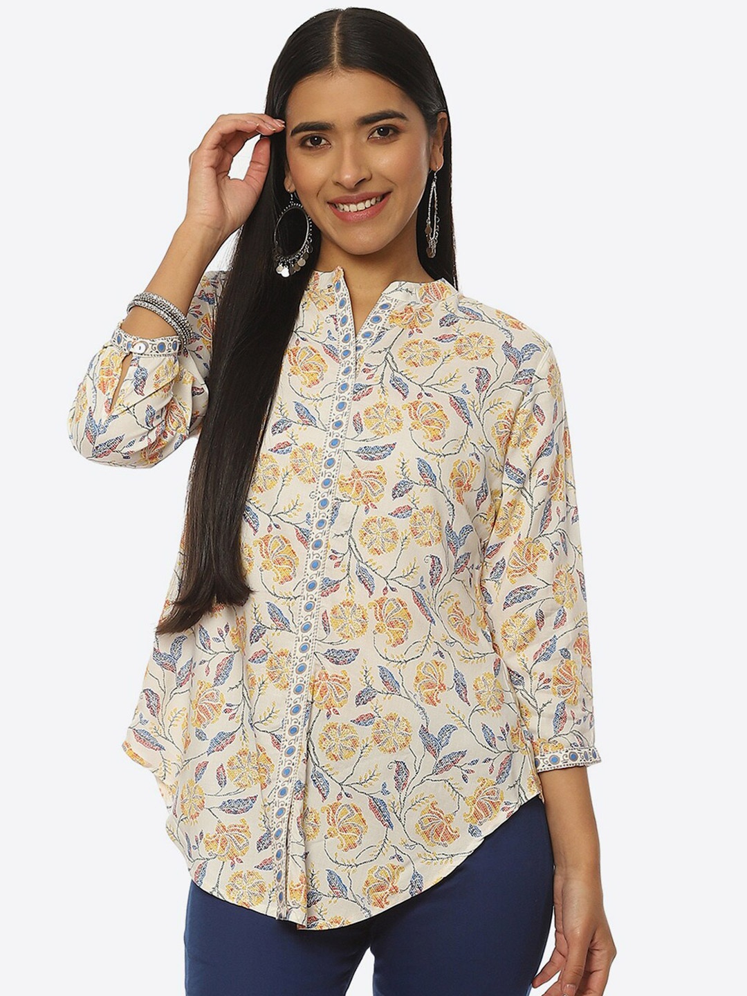 

Rangriti Floral Print Shirt Style Top, White