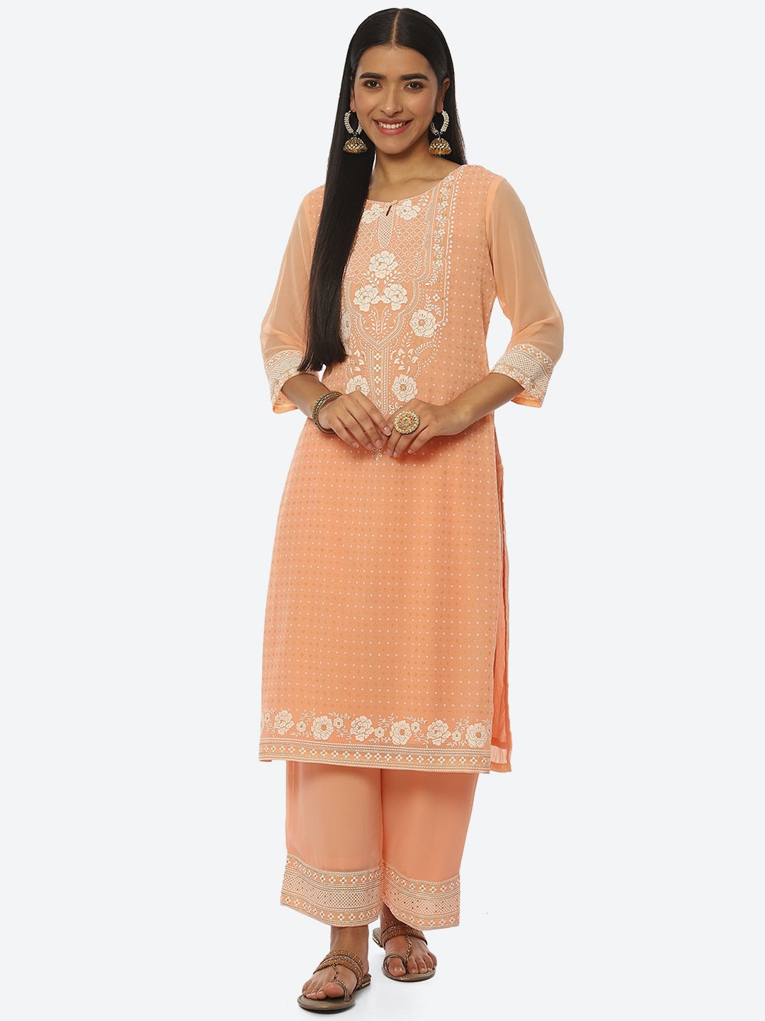 

Rangriti Women Plus Size Ethnic Motifs Printed Keyhole Neck Kurta, Peach